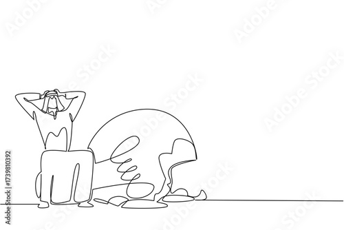 Continuous one line drawing Arabian businessman sits on broken lightbulb with both hands holds head. Such deep regret. Failure. National Creativity Day. Single line draw design vector illustration