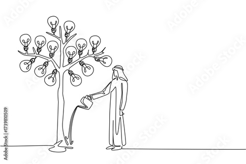 Continuous one line drawing Arab businessman waters a big tree bearing light bulbs with watering can. Good effort. Best result. National Creativity Day. Single line draw design vector illustration