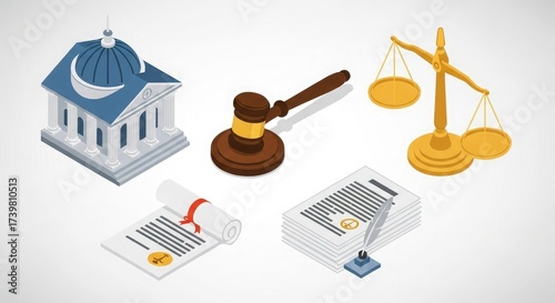 Isometric law justice legal court gavel balance building document quill illustration concept vector