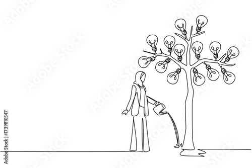 Single continuous line drawing Arab businesswoman waters a big tree bearing light bulbs with watering can. Real action to care for an idea. National Creativity Day. One line design vector illustration