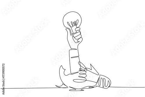 Single one line drawing Arabian hand holding bulb out of broken lightbulb. Surviving and growing from failure. A brilliance. Smart. National Creativity Day. Continuous line design graphic illustration
