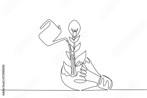 Single one line drawing watering plant bearing fruit lightbulb growing from a broken lightbulb. An effort to maintain a mindset. National Creativity Day. Continuous line design graphic illustration