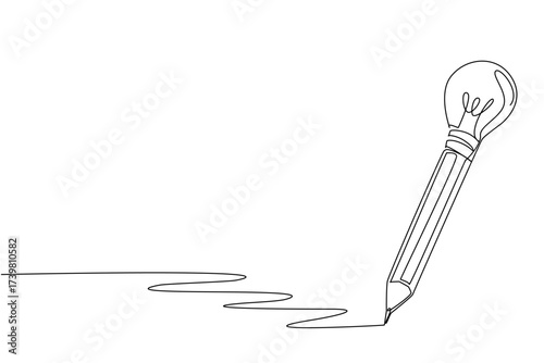 Single continuous line drawing a pencil with a bulb lamp tip. Write a creation to add creativity. Trying to sharpen logic. Smart. Genius. National Creativity Day. One line design vector illustration