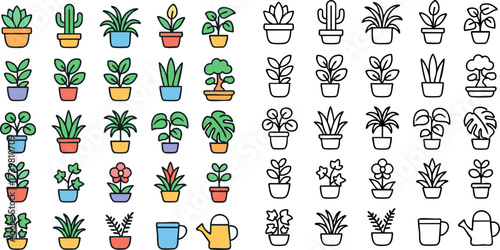 Colorful Potted House Plants and Gardening Icons Set.