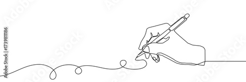 Continuous one line pen hand pencil write one art icon book journal sketch. Sign line pen hand vector signature letter notebook person background contract document single legal white school paper