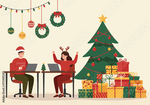 Working at the christmas night, vector illustration