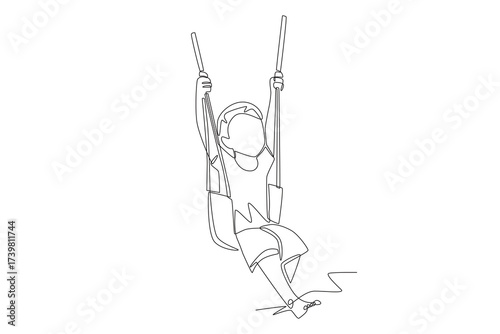 Boy playing on swing. Children playing concept one-line drawing