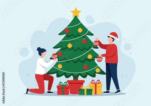 They are decorating the Christmas tree, vector illustration