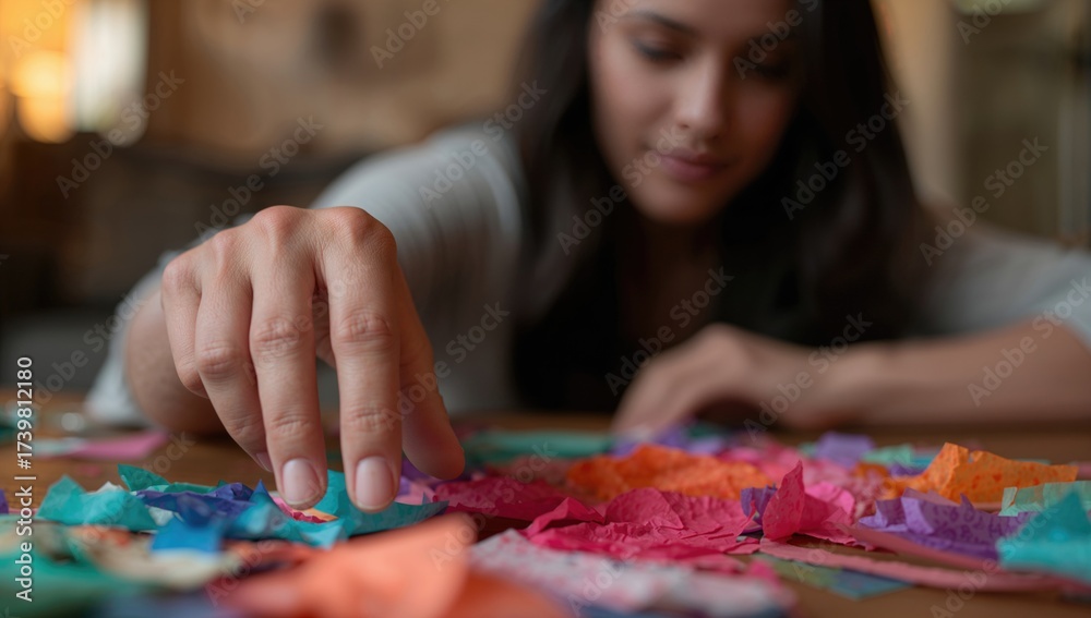 Fototapeta premium Woman selecting colorful tissue paper scraps from a wooden table in an interior setting demonstrating artistic creativity and design process.