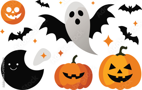 Vector halloween collection pumpkins ghosts bats moon stars festive autumn illustration eps