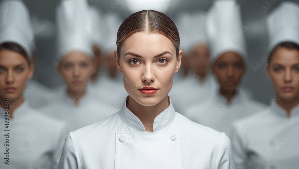 Obraz premium Portrait of a confident female chef with straight hair and serious expression standing in front of other chefs in white uniforms and hats in a professional kitchen atmosphere