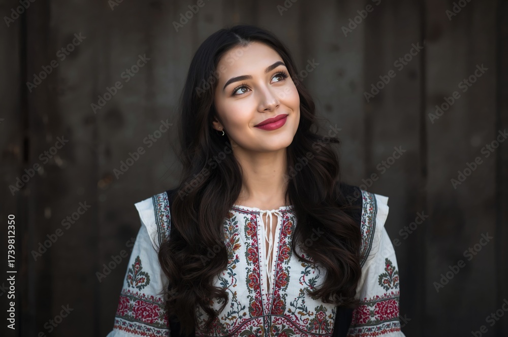 Fototapeta premium Portrait of a young woman with long wavy dark hair and red lips standing in front of a wooden barn in a traditional embroidered folk blouse looking upwards with a thoughtful expression