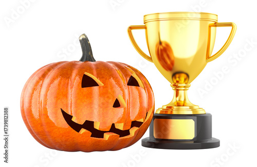 Halloween Pumpkin with carved face and golden trophy cup. 3D rendering