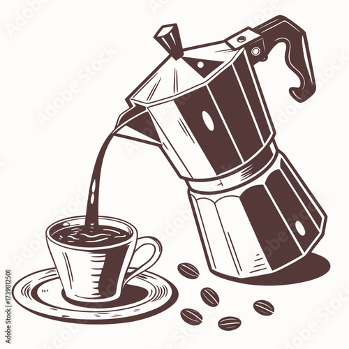 Illustration of a moka pot pouring coffee into a cup