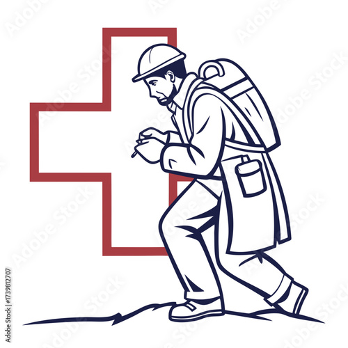Medical worker with backpack and red cross
