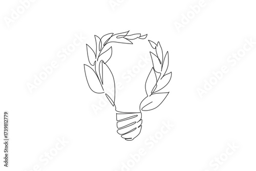 Single one line drawing leafy branches surrounding a light bulb glass. Electrical energy from plants. Using environmentally friendly energy. Tree Concept. Continuous line design graphic illustration