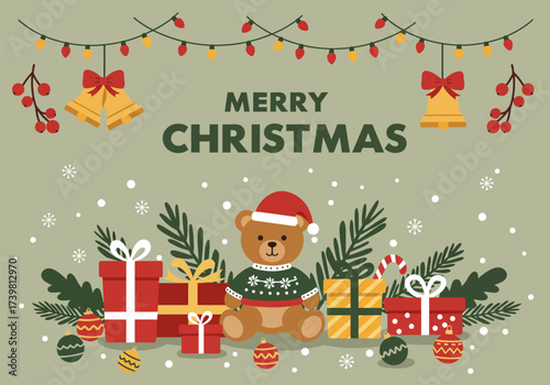 Cartoon illustration set of teddy bear celebrating merry christmas day