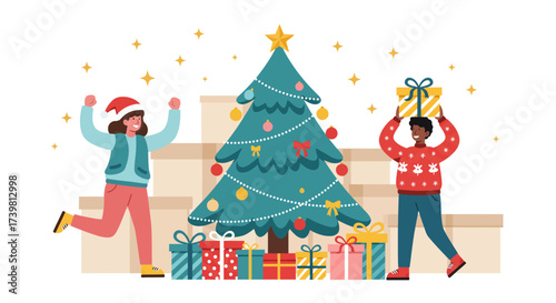 Vector cartoon illustration of a Christmas tree with stars, balls, and gifts under the snow for the christmas holiday celebration