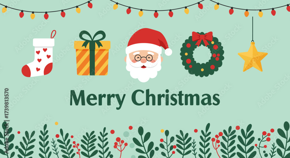 Fototapeta premium Cartoon vector illustration a Christmas banner with Santa, gifts, and a background of snow and a holiday tree
