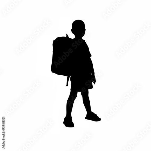 Silhouette of a young boy carrying a schoolbag isolated on white background