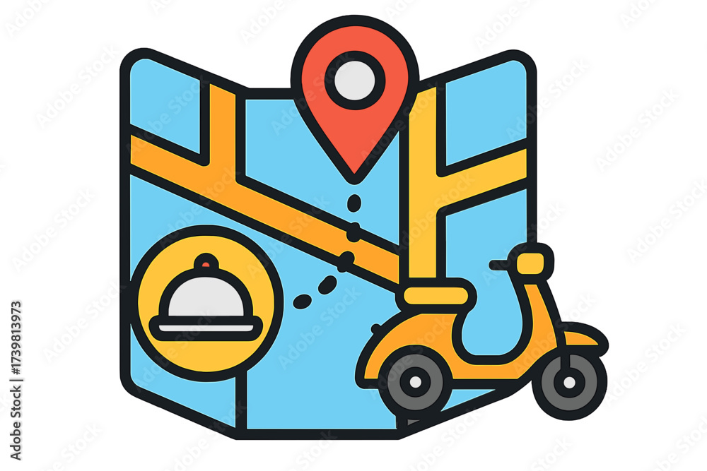 Naklejka premium Map with delivery scooter and food icon in modern flat design food delivery map