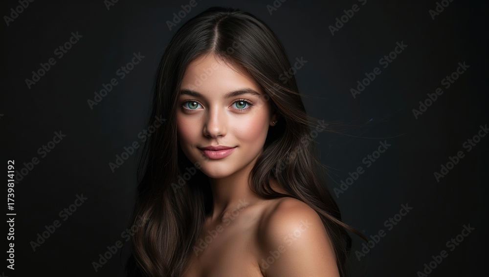Fototapeta premium Portrait of a young girl with long dark hair and striking green eyes against a dark background, displaying a subtle smile and natural beauty in soft lighting.