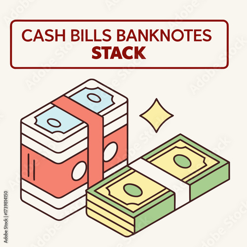 Two stacks of cash bills banknotes in colorful design illustration