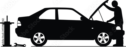 Car repair silhouette, mechanic working on engine, automotive maintenance, open hood vehicle, garage tools, wrench, hydraulic jack, black and white vector