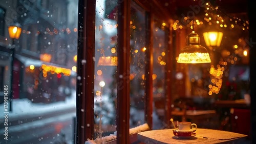 雪降る窓にクリスマスライトが映る温かなカフェシーン