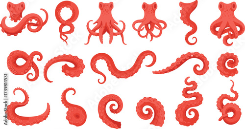 Cartoon-style red octopus tentacles and sea creature illustrations in various curled and extended shapes for marine design and education.