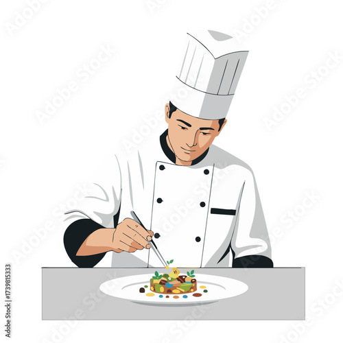 professional chef plating fine dining dish with tweezers and herbs.