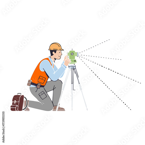 surveyor using theodolite tripod to measure land.