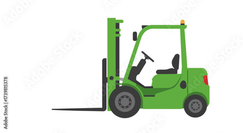 Green Forklift Truck with Black Forks and Gray Wheels.
