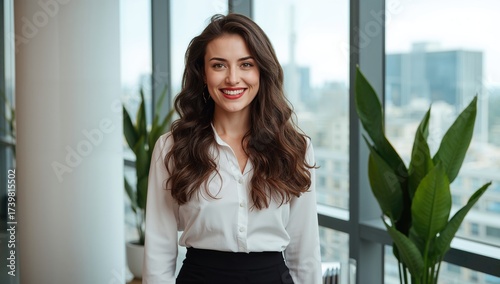 Free Download Confident Young Woman in Business Attire Smiling Inside Modern Office with Green Plants and City View Through Large Windows - GFXLoad