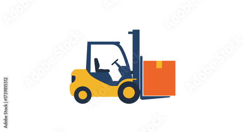 Flat Vector Illustration of a Yellow Forklift Truck Lifting a Box.