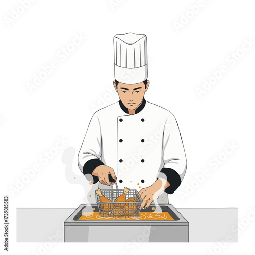 chef frying chicken in deep fryer basket.