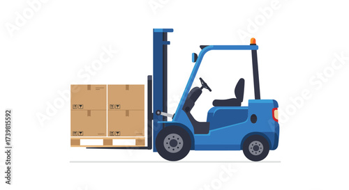 Blue Forklift Truck Lifting Stacked Cardboard Boxes on Pallet.