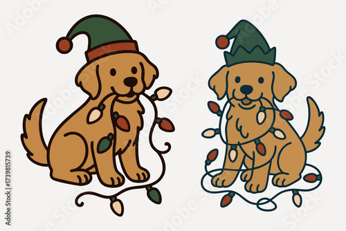 Playful Golden Retriever Puppy in Elf Hat Chewing Christmas Fairy Lights