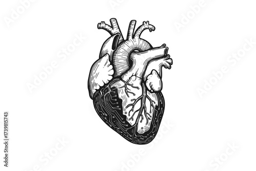 Vector Blackwork: Human Heart Integrated with Circuitry	