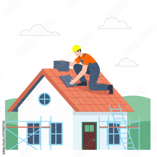 construction worker installing roof tiles on top of house