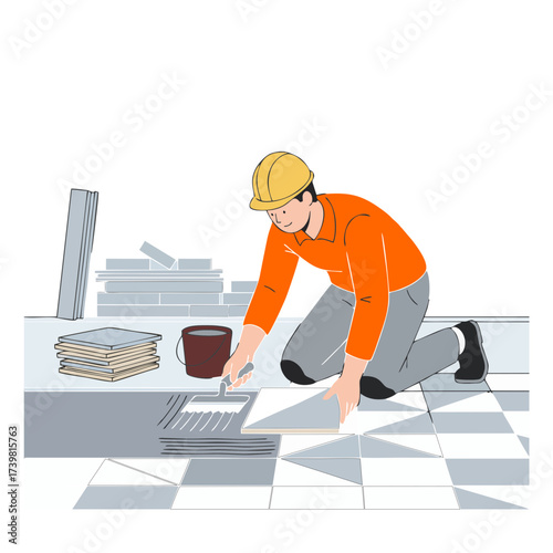 Construction worker installing floor tiles at work site.