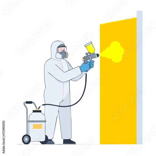 Painter using spray gun painting a wall in protective suit