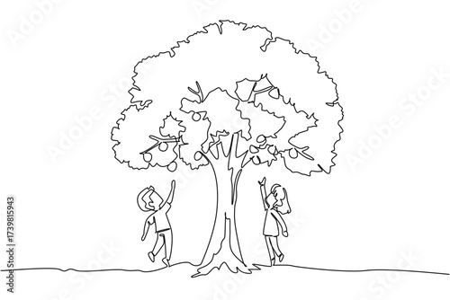 Continuous one line drawing boy and girl jump to reach the fruit on the big tree. Shady trees, time to harvest fruit. Scramble to pick fruits. Tree Concept. Single line draw design vector illustration