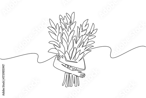 Continuous one line drawing two hands hugging the leafy tree trunks. Symbolism of humans protecting plants with all their hearts. Protector. Tree Concept. Single line draw design vector illustration