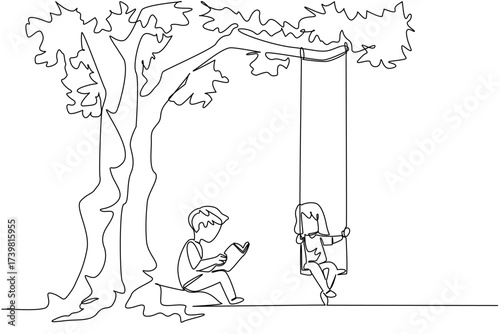Single one line drawing boy sits reading a book while the girl plays on swing under a big tree. Joy in the park near the shady tree. Activity. Tree Concept. Continuous line design graphic illustration