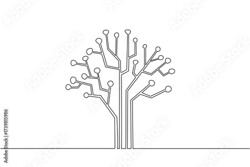 Single one line drawing tree with technology concept. Circuits on the motherboard. Very environmentally friendly electricity. Technology. Tree Concept. Continuous line design graphic illustration