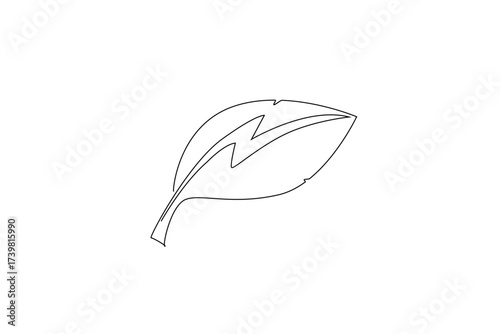 Continuous one line drawing leaf with the electricity logo in the middle. New and renewable energy. Green energy is environmentally friendly. Tree Concept. Single line draw design vector illustration