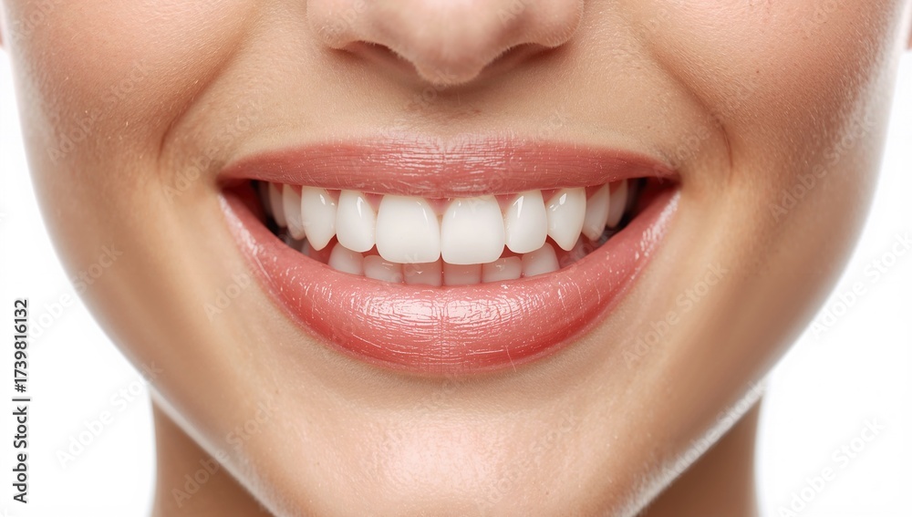 Obraz premium Close-up of a woman's smiling mouth showcasing perfect white teeth after cosmetic dental veneers highlighting straightness and brightness of the smile with healthy appearance.