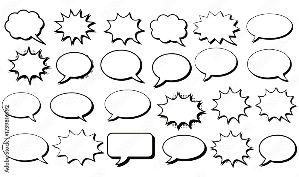 Fototapeta premium Set talk bubbles speech Vector Set, Blank Ribbon Vector Comic Speech Bubbles and Explosion Boom Shapes Collection, Cartoon Pop Art Starburst Blast Frames.