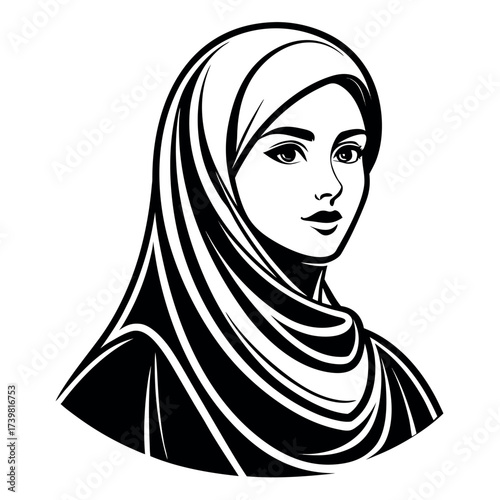 Muslim woman with hijab silhouette vector illustration,Black colour solid white background (4).eps
